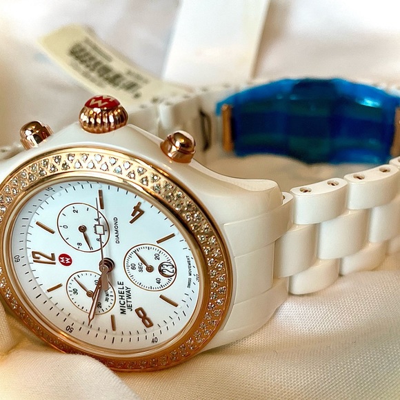 New Rose Gold Michele Diamond Jetway White Ceramic Women's Watch - Picture 5 of 8